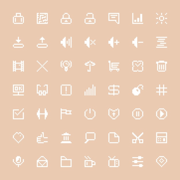 White web icons set in pixel art. concept of shopping trolley, thumb up, ui, videogame file, seo, volume. isolated on stylish background. pixelart style trendy modern logo design vector illustration