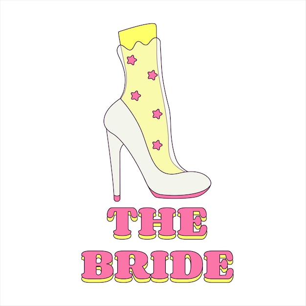 White Wedding Shoe of the Bride Bachelorette Party Illustration for the Bride in Groovy Style Temporary Sticker or Badge