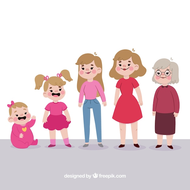 Vector white woman character in different ages