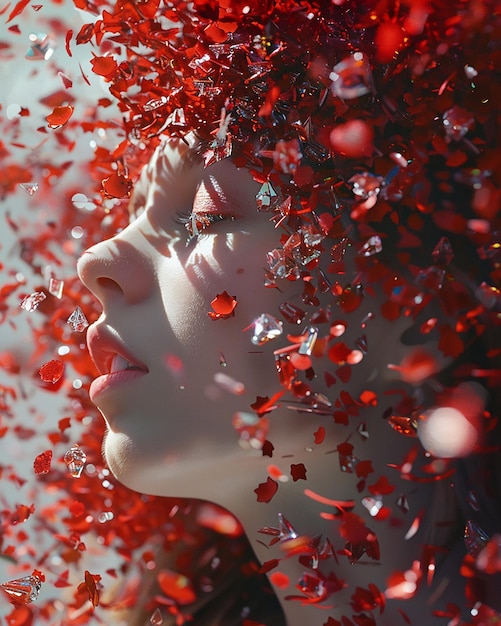 Vector a white woman covered in a stream of red petals