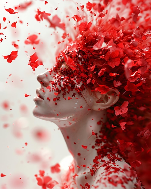 Vector a white woman covered in a stream of red petals