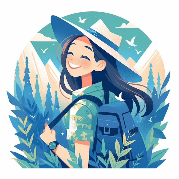 Vector white woman in her 40s hiking in the woods