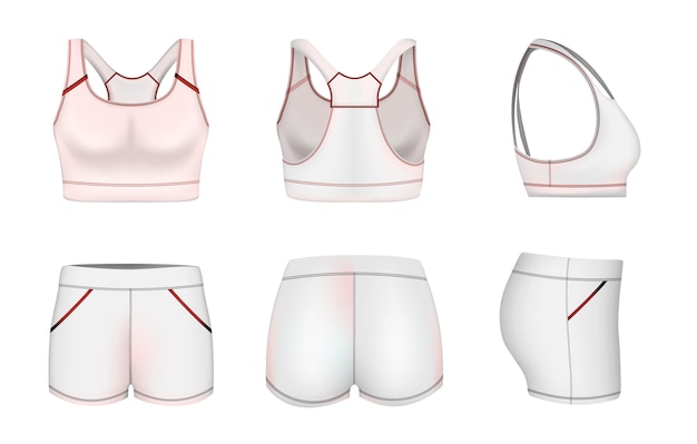 White women sports bra crop top shorts mockup set vector illustration sportswear fashion training cl...