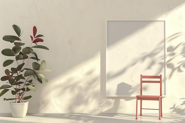 Vector a white wooden chair by a plant and a white picture frame in the style of minimalist sets 32k uhd