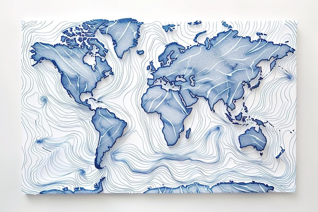 Vector a white world map with blue lines in the style of made of all of the above loose linework monochroma