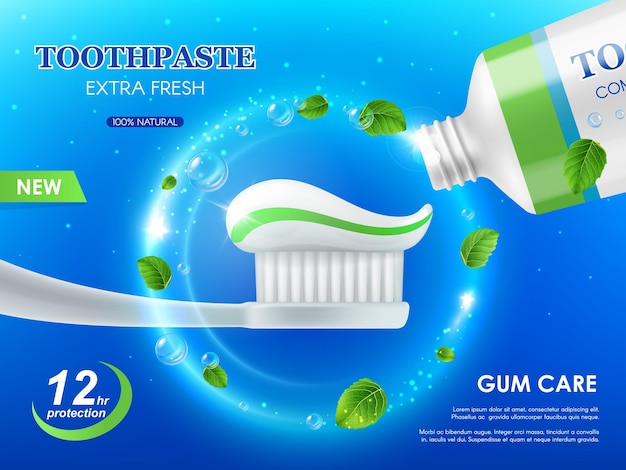 Whitening mint toothpaste and brush, gum care, teeth cleaning. Vector ad poster with paste on white toothbrush, spearmint leaves and tube. Extra fresh dental care product, plaque protection and repair