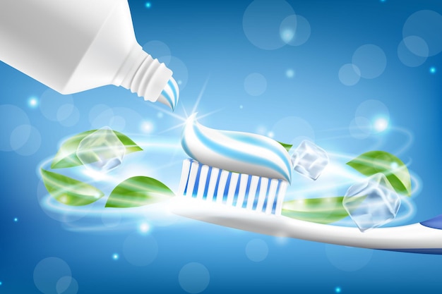 Whitening toothpaste ads with flying mint leaves and sparkling effect around the toothbrush on blue background Realistic 3d vector illustration