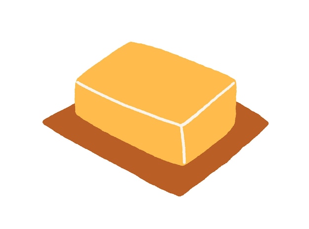 Whole butter block on wood board. Buttery food bar. Fat margarine, creamy dairy product drawn in doodle style. Flat vector illustration isolated on white background.