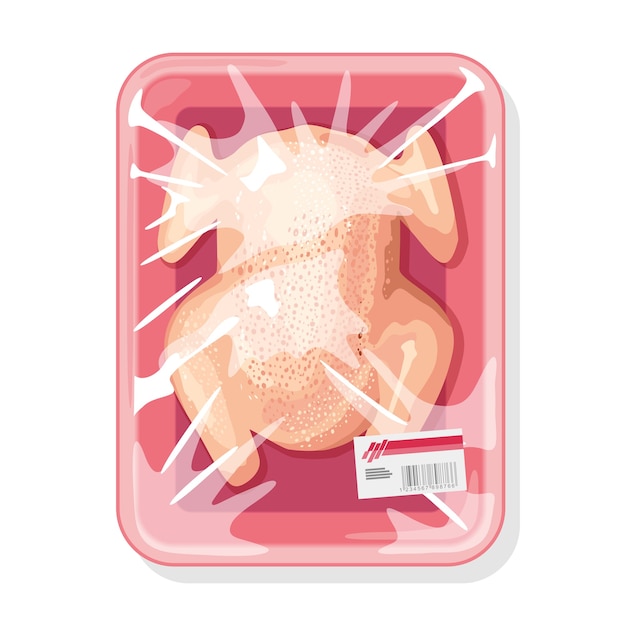 Whole chicken on disposable pink tray wrapped up transparent clingfilm