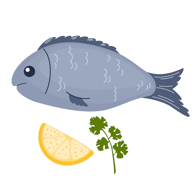 Vector whole fish with lemon slice and rosemary leaf for baking healthy seafood with herbs