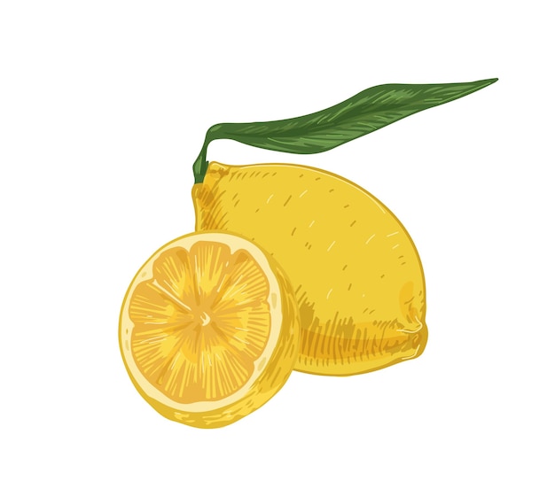 Whole fruit and half of fresh sour lemon. Composition of yellow citruses with peel and leaves. Realistic hand-drawn vector illustration of exotic tropical fragrant food isolated on white background.