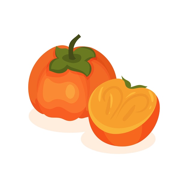 Whole and half and ripe persimmon tasty and healthy fruit food theme flat vector element for product