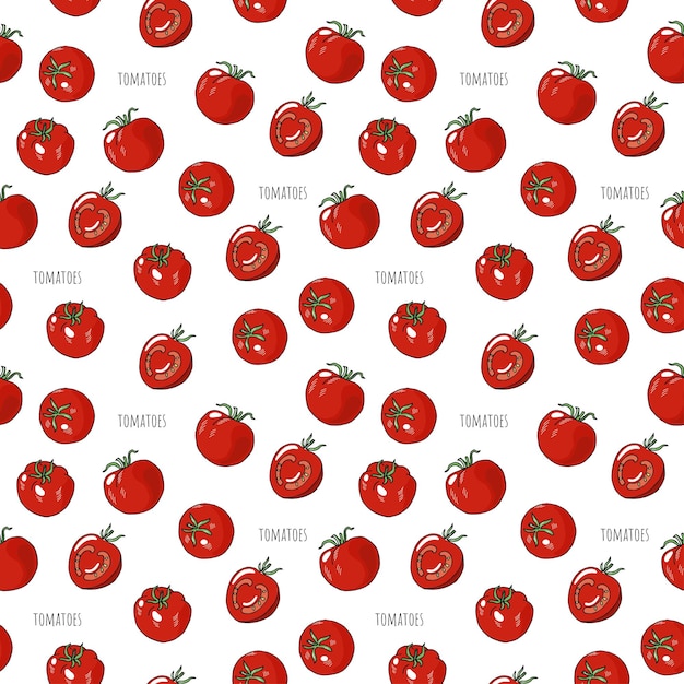 Whole and half tomatoes vector seamless pattern