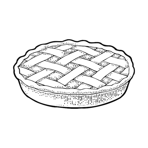 Whole homemade apple pie Vector black vintage engraving illustration for poster label and menu bakery shop Isolated on the white background Hand drawn design element