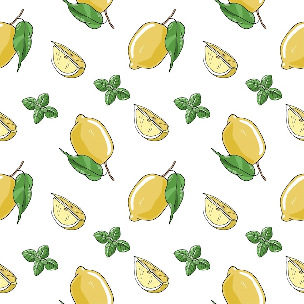 Whole lemons and lemon slices on white background vector seamless pattern