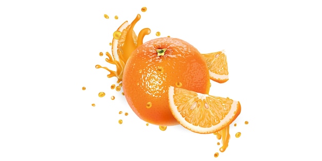 Whole orange and slices in fruit juice splashes.