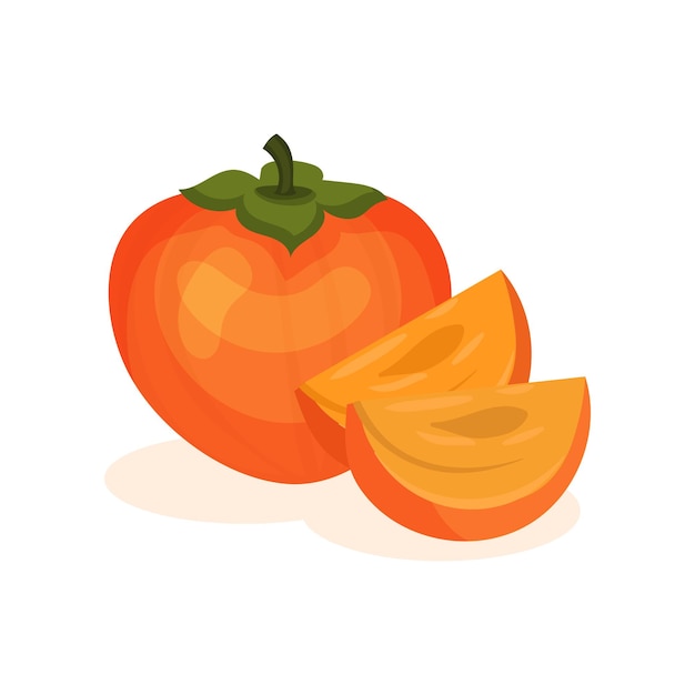 Whole persimmon and two slices sweet and tasty fruit natural and healthy food flat vector for