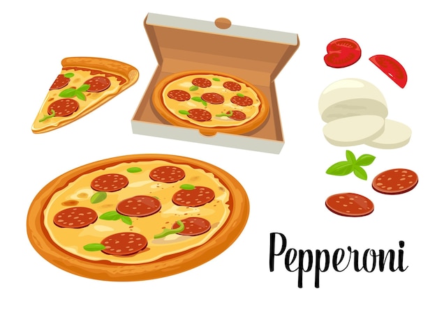 Whole pizza and slices of pizza pepperoni in open white box Isolated vector flat illustration on white background For poster menus logotype brochure web delivery business food box and icon