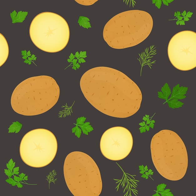 Whole potatoes and potato slices isolated on dark background. Unpeeled potatoes tuber with parsley leaves.  illustration. Seamless pattern.