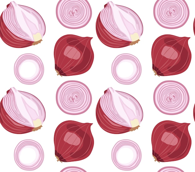 Whole red onion its cut halves and onion rings Pattern with food Seamless pattern