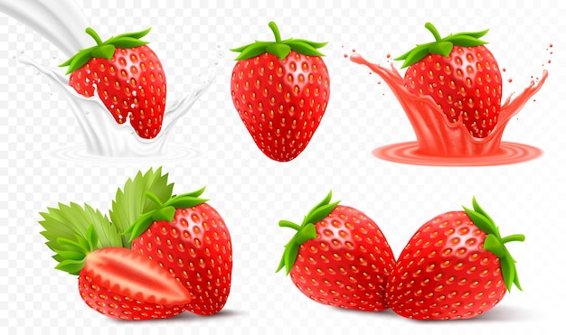 Whole and slice of strawberry strawberry in a splash of juice with drops strawberry in a splash of milk or yogurt 3d realistic vector set isolated on transparent background