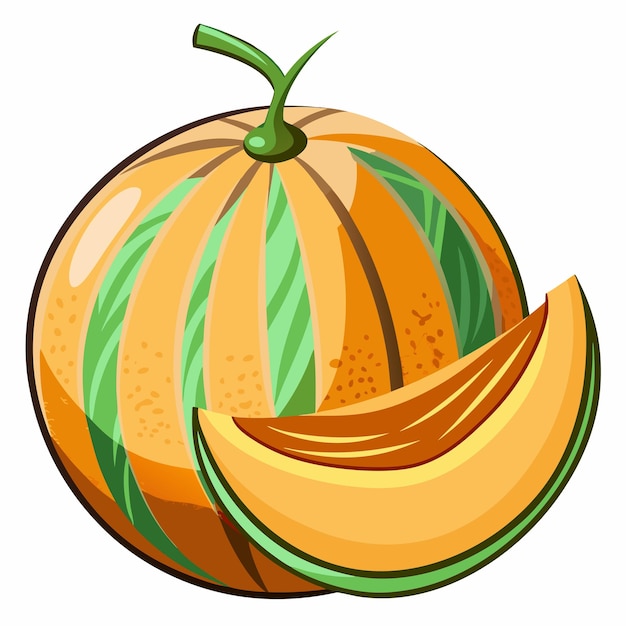 Vector a whole and sliced cantaloupe melon with green rind