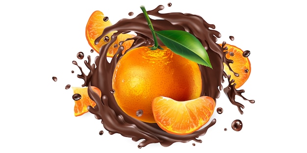 Whole and sliced mandarins in a chocolate splash.