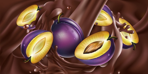 Whole and sliced plums in liquid chocolate.