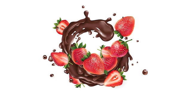 Whole and sliced strawberries in a chocolate splash on a white background. Realistic illustration.