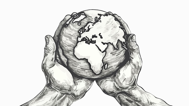 Vector whole world in hands handdrawn vector isolated on white background