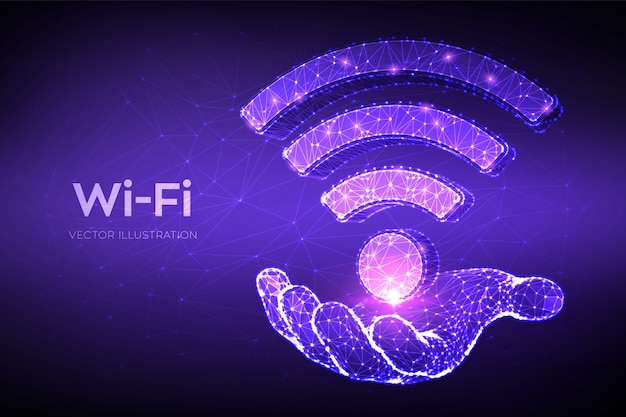 Wi-Fi network icon. Low polygonal abstract Wi Fi sign in hand. Mobile connection zone. Router or mobile transmission.