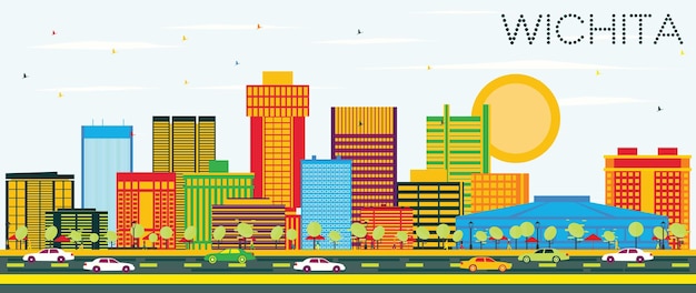 Wichita Kansas USA City Skyline with Color Buildings and Blue Sky. Vector Illustration. Business Travel and Tourism Concept with Modern Architecture. Wichita Cityscape with Landmarks.