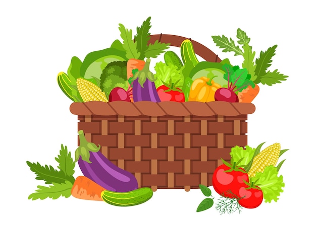 Wicker basket full of fresh vegetables vector illustration