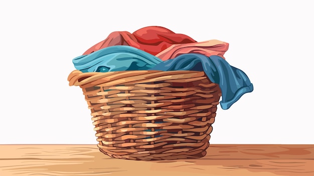 Wicker Basket with Clothes on Wooden Table Background