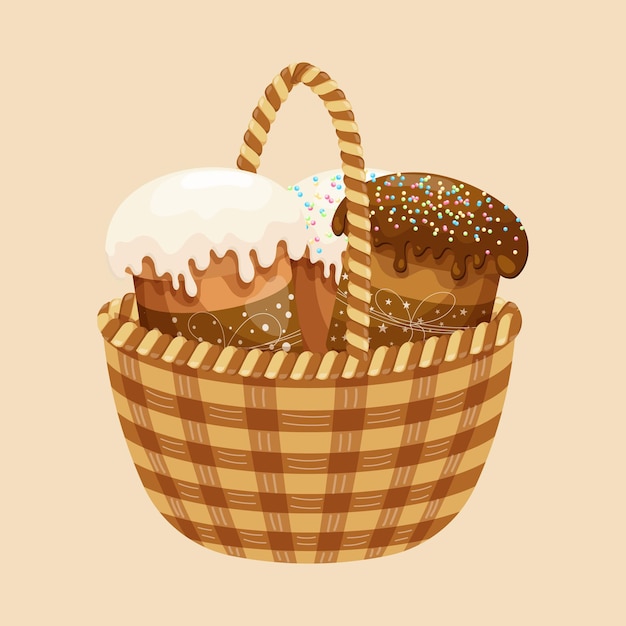 Wicker basket with Easter cakes Colorful easter illustration greeting card vector