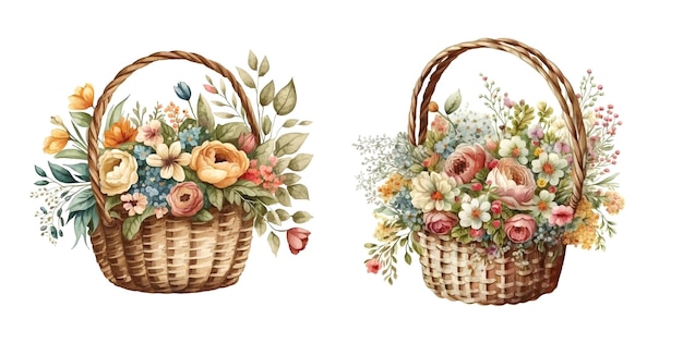 Wicker basket with flowers Victorian style Watercolor