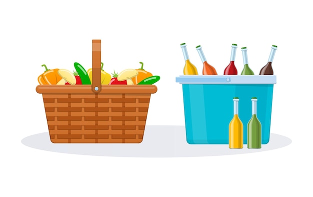 Wicker basket with fresh vegetables and plastic basket with drinks