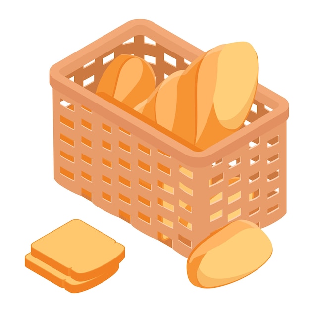 Wicker basket with freshly baked bread isolated on white isometric view Vector