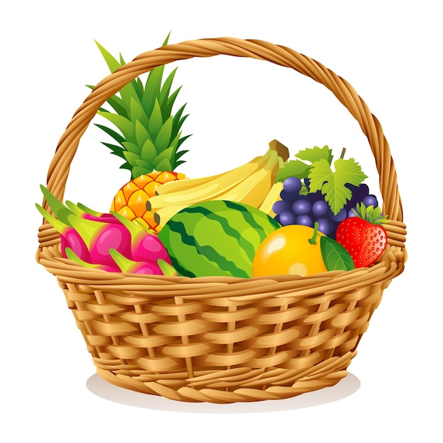 Wicker basket with fruits illustration isolated on white background