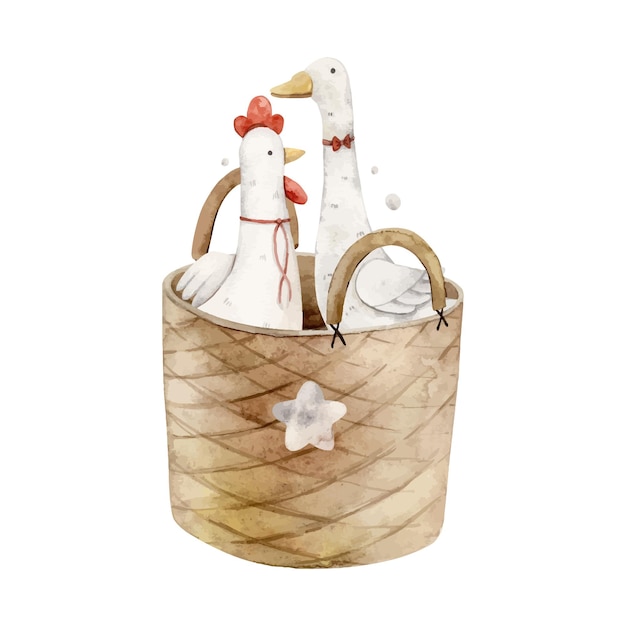 Wicker brown basket with childrens toys plush rooster and goose Toys and basket for children