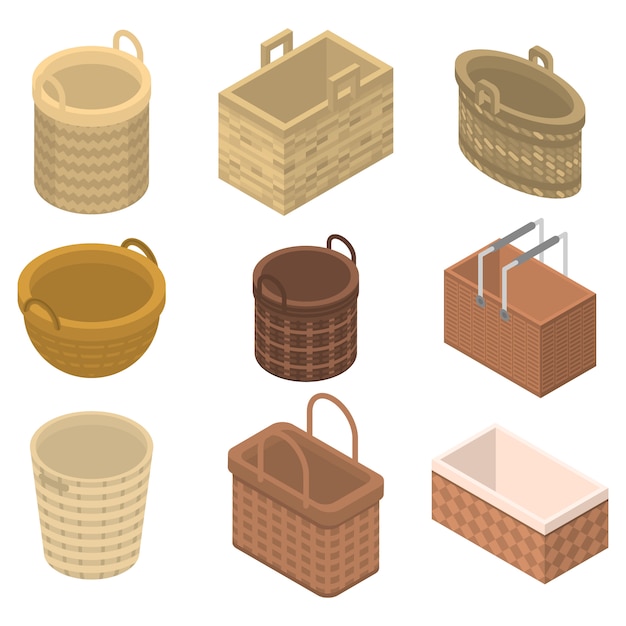 Wicker icons set, isometric style