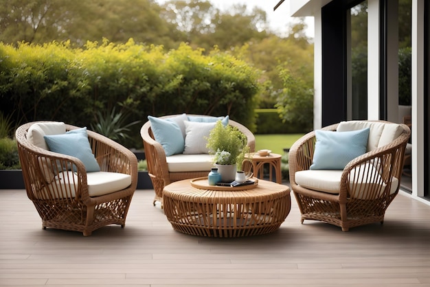 Vector wicker patio chairs and table in garden