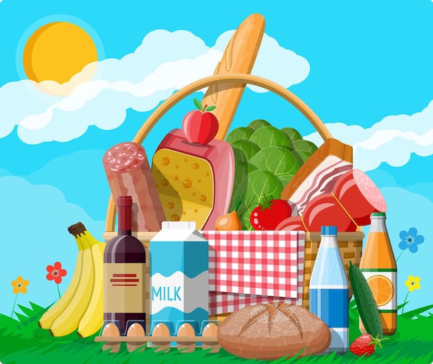 WIcker picnic basket full of products. Wine, sausage, bacon and cheese, apple, tomato, cucumber, salad, orange juice. Grass, flowers, sky with clouds and sun. Vector illustration in flat style