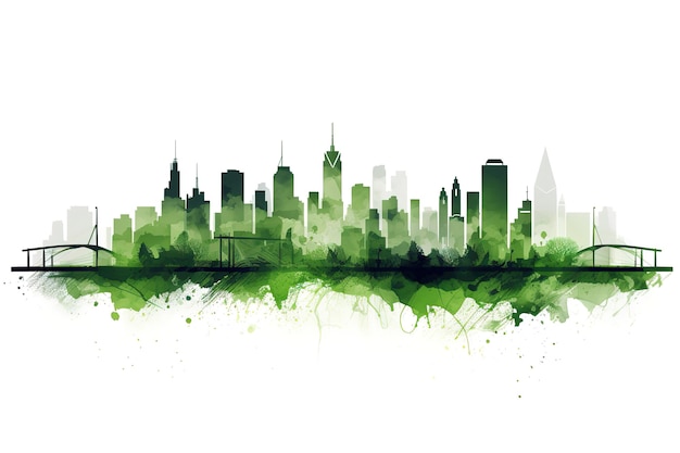 wide 3D cityscape model in shiny greenyellowish with a white background buildings are casting