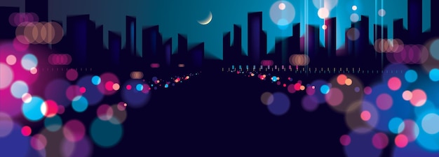 Wide Panorama light night at city, bokeh abstract background blurred lights. Effect vector beautiful background. Blur colorful dark background with cityscape, buildings silhouettes skyline.