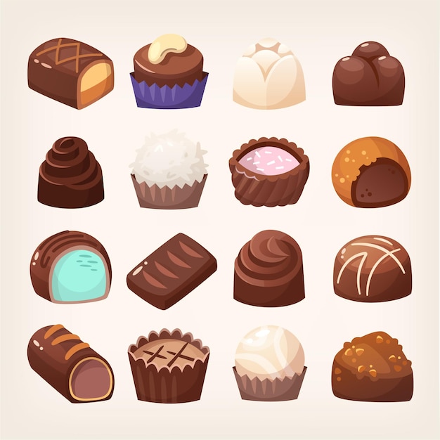 Wide selection of chocolate sweets of various forms with different fillings and toppings