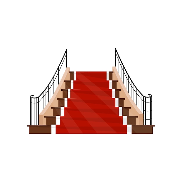 Wide staircase with metal handrails and wooden steps covered with red carpet Element for hotel lobby Front view Flat vector icon