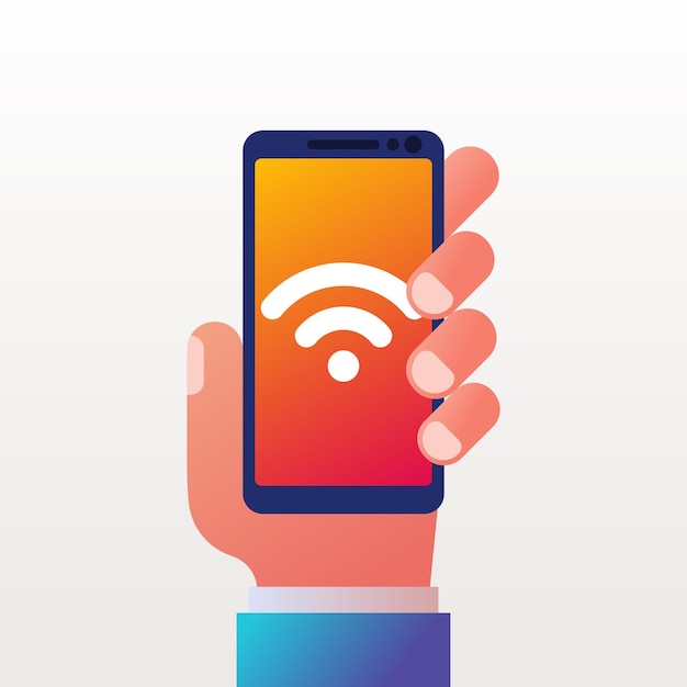 Vector wifi icon on phone. smartphone in hand. connect to the network. symbol free wifi. vector illustration flat design. isolated on white background.