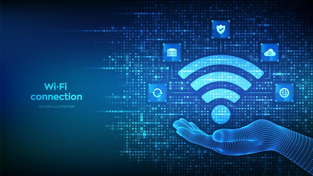 Vector wifi network icon wi fi sign made with binary code in hand wlan access wireless hotspot signal