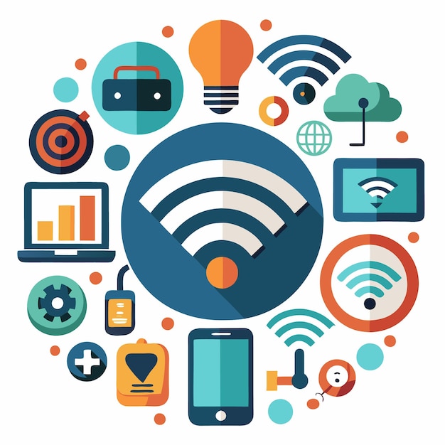 Vector wifi symbol with icons of tech devices cloud and light bulb in circle